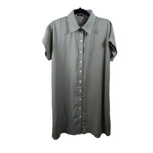 Shein Womens M Green Button-up Short Sleeved Collared Midi Shirt Dress